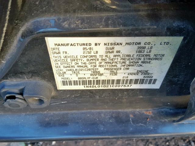 1N4DL01D21C207537 - 2001 NISSAN ALTIMA XE BLACK photo 10