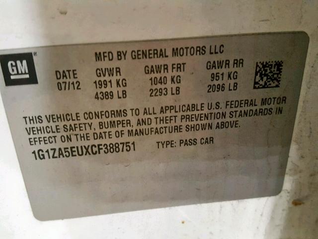 1G1ZA5EUXCF388751 - 2012 CHEVROLET MALIBU LS 白色 照片 10