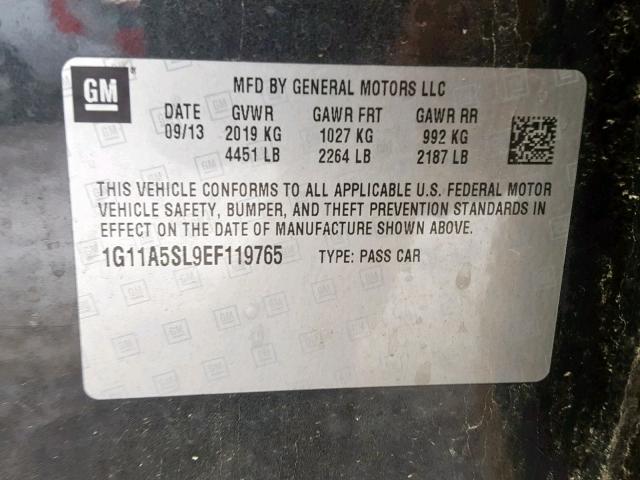 1G11A5SL9EF119765 - 2014 CHEVROLET MALIBU LS შავი ფოტო 10