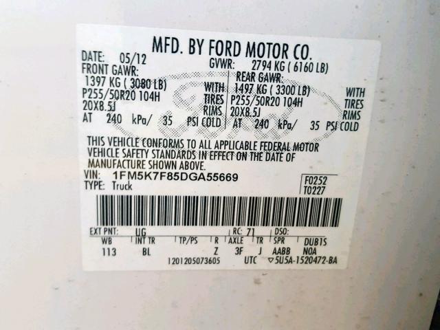 1FM5K7F85DGA55669 - 2013 FORD EXPLORER L WHITE photo 10