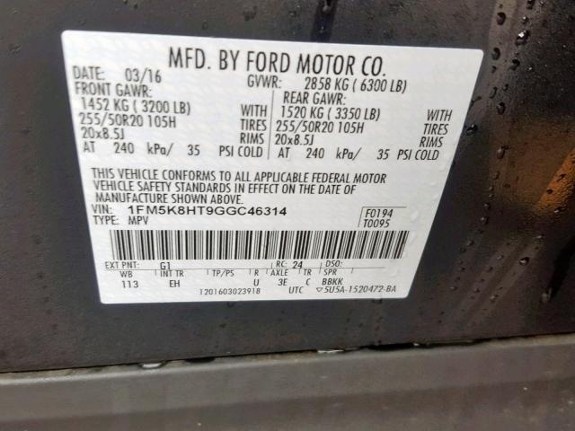 1FM5K8HT9GGC46314 - 2016 FORD EXPLORER P BLACK photo 10