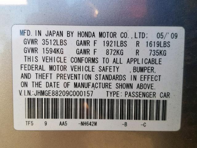 JHMGE88209C000157 - 2009 HONDA FIT GRAY photo 10