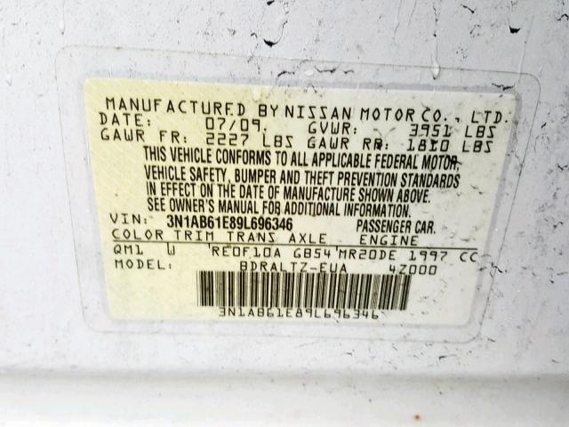 3N1AB61E89L696346 - 2009 NISSAN SENTRA 2.0 WHITE photo 10