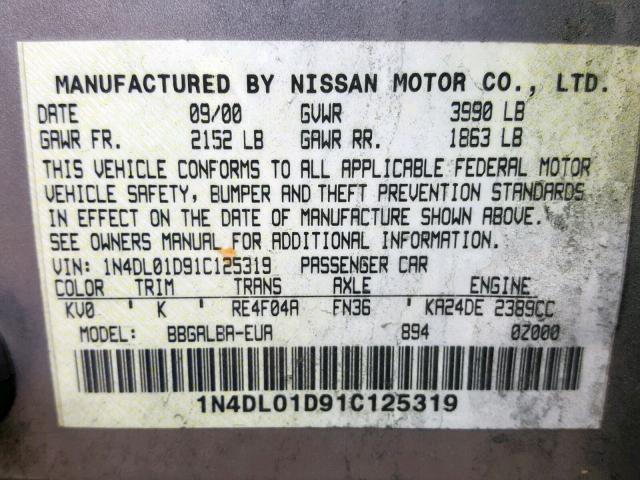 1N4DL01D91C125319 - 2001 NISSAN ALTIMA XE GRAY photo 10