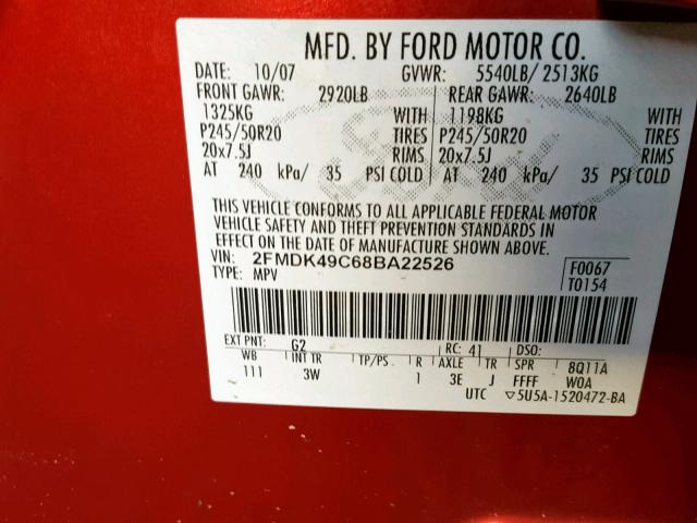 2FMDK49C68BA22526 - 2008 FORD EDGE LIMIT RED photo 10