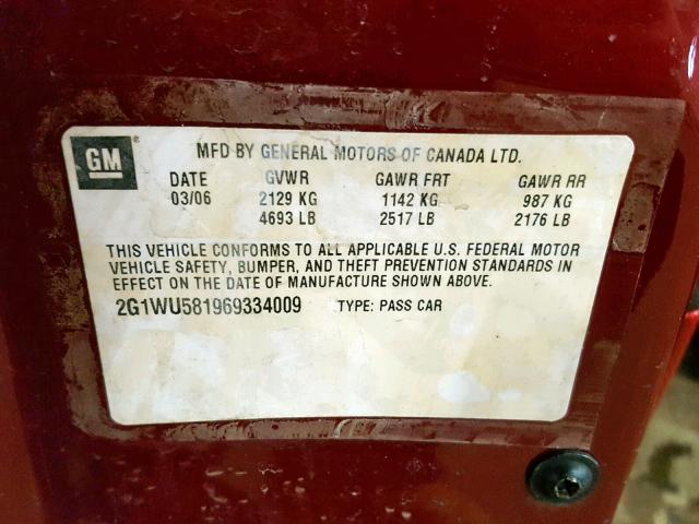 2G1WU581969334009 - 2006 CHEVROLET IMPALA LTZ BURGUNDY photo 10