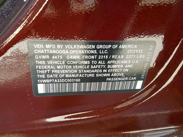 1VWBP7A33DC003160 - 2013 VOLKSWAGEN PASSAT SE MAROON photo 10