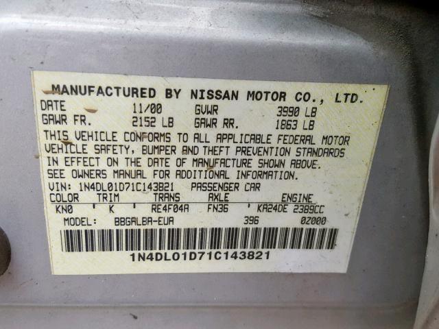 1N4DL01D71C143821 - 2001 NISSAN ALTIMA XE SILVER photo 10