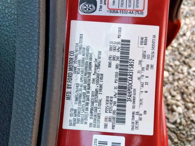 3FAHP0DCXAR315852 - 2010 FORD FUSION SPO RED photo 10