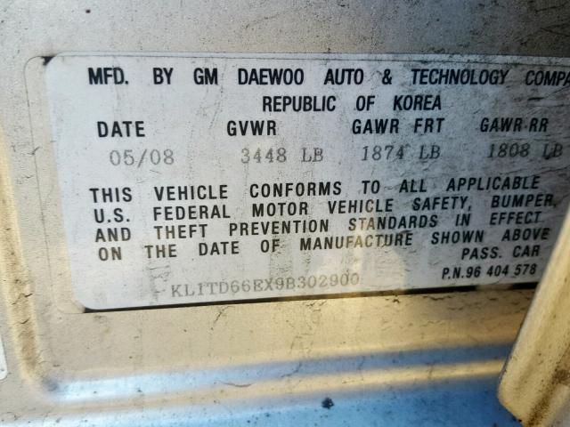 KL1TD66EX9B302900 - 2009 CHEVROLET AVEO LS SILVER photo 10