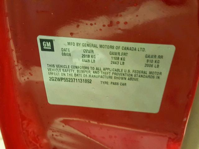 2G2WP552371131892 - 2007 PONTIAC GRAND PRIX RED photo 10