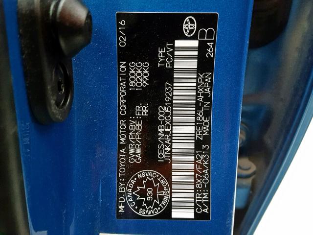 JTNKARJEXGJ519237 - 2016 TOYOTA SCION IM BLUE photo 10