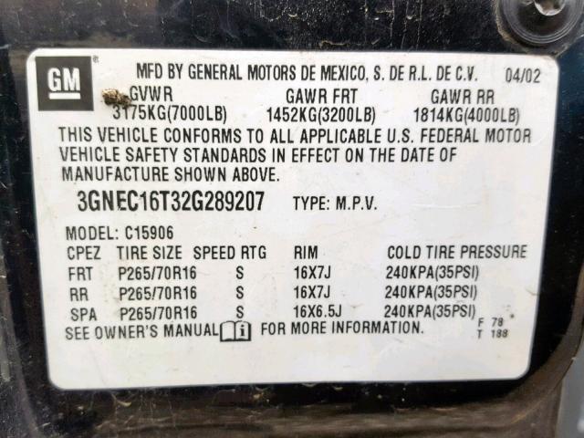 3GNEC16T32G289207 - 2002 CHEVROLET SUBURBAN BLACK photo 10