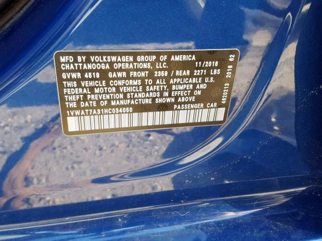 1VWAT7A31HC034050 - 2017 VOLKSWAGEN PASSAT S BLUE photo 10