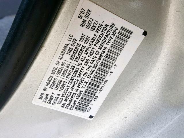 5FNRL382X7B081610 - 2007 HONDA ODYSSEY LX SILVER photo 10