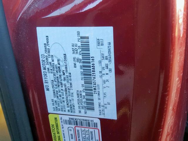 2FMZA57625BA86165 - 2005 FORD FREESTAR S RED photo 10