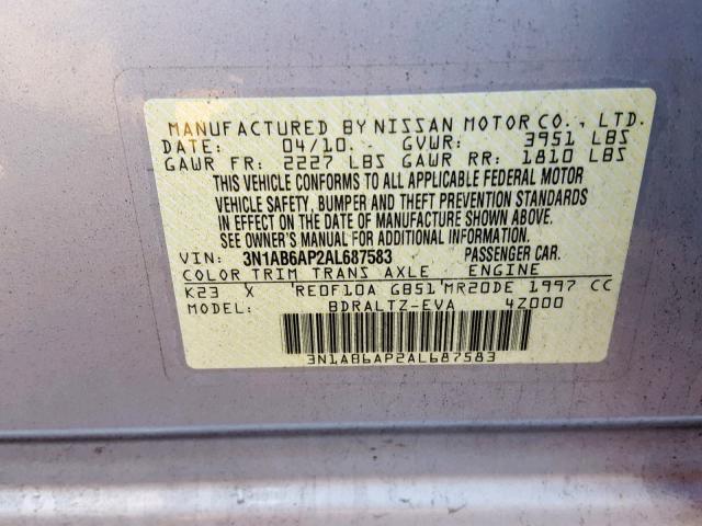 3N1AB6AP2AL687583 - 2010 NISSAN SENTRA 2.0 SILVER photo 10