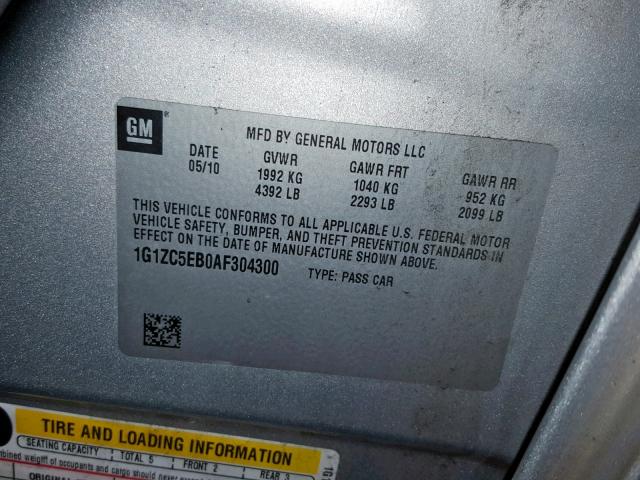 1G1ZC5EB0AF304300 - 2010 CHEVROLET MALIBU 1LT SILVER photo 10