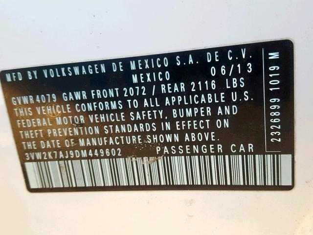 3VW2K7AJ9DM449602 - 2013 VOLKSWAGEN JETTA BASE Սպիտակ լուսանկար 10