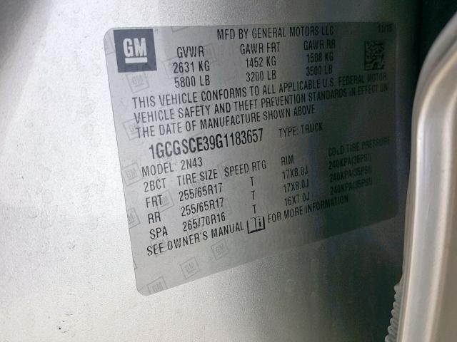 1GCGSCE39G1183657 - 2016 CHEVROLET COLORADO L SILVER photo 10