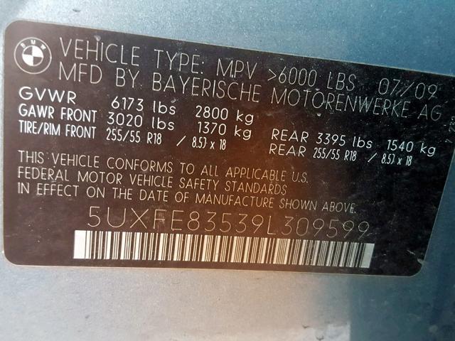 5UXFE83539L309599 - 2009 BMW X5 XDRIVE4 青色 照片 10