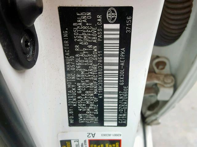 4T1BK3DBXBU378611 - 2011 TOYOTA AVALON BAS Blanc photo 10