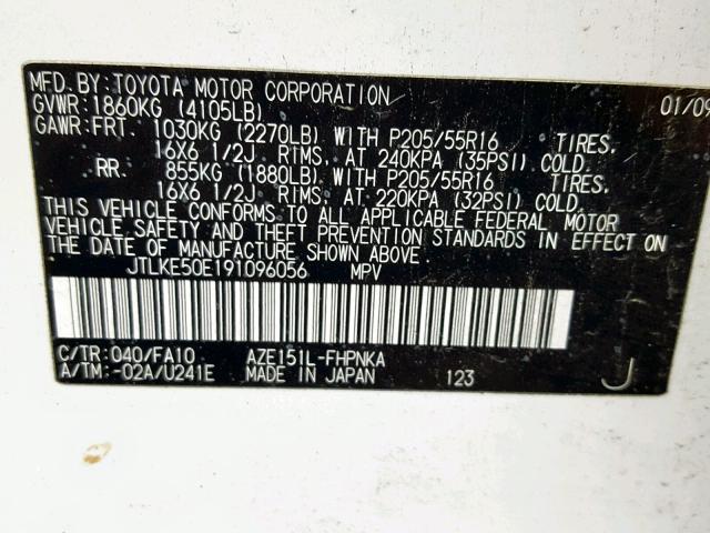 JTLKE50E191096056 - 2009 TOYOTA SCION XB Ақ фото 10