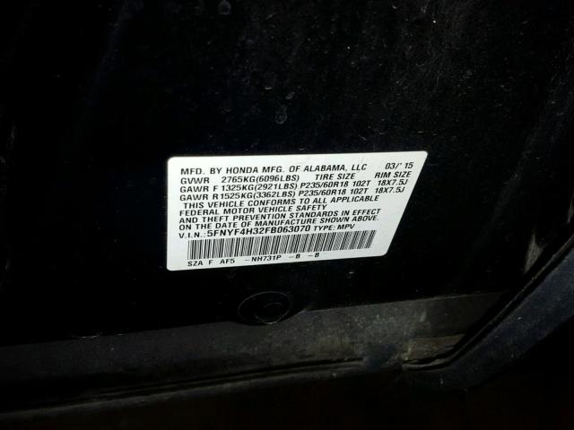 5FNYF4H32FB063070 - 2015 HONDA PILOT SE BLACK photo 10