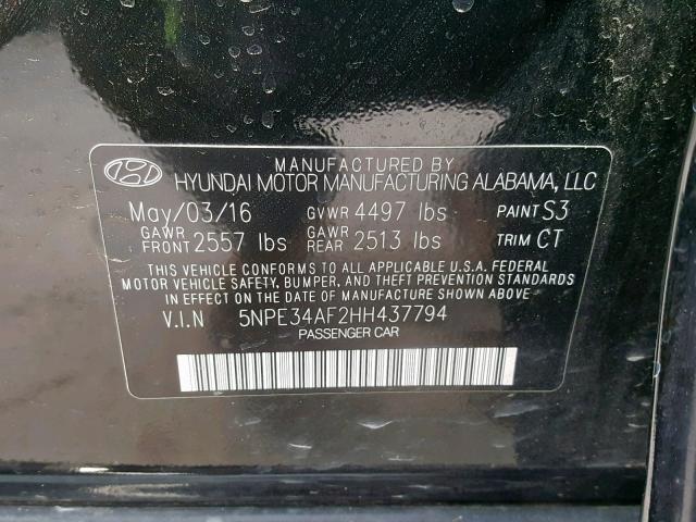 5NPE34AF2HH437794 - 2017 HYUNDAI SONATA SPO BLACK photo 10