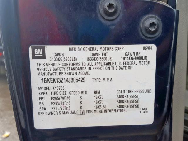 1GKEK13Z14J305429 - 2004 GMC YUKON BLUE photo 10