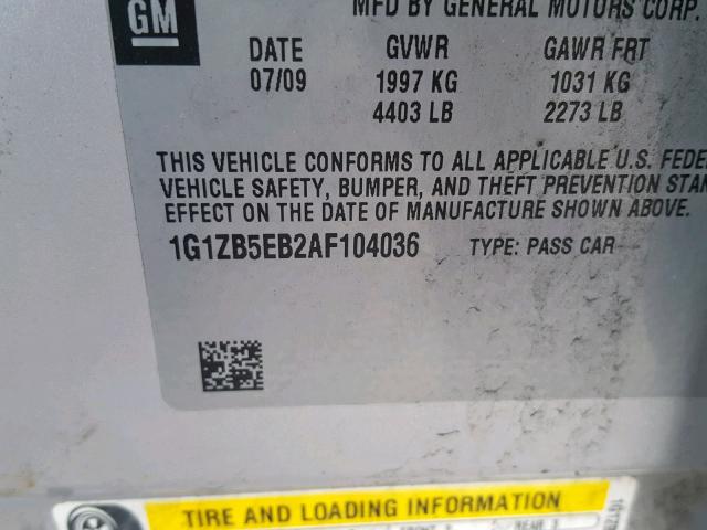 1G1ZB5EB2AF104036 - 2010 CHEVROLET MALIBU LS ვერცხლისფერი ფოტო 10