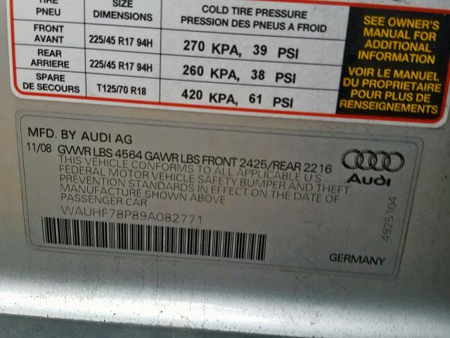 WAUHF78P89A082771 - 2009 AUDI A3 2.0T SILVER photo 10