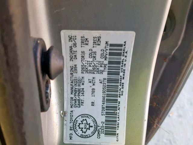 5TDBT48A61S052378 - 2001 TOYOTA SEQUOIA LI SILVER photo 10