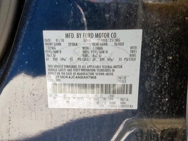 2FMDK4JC4ABA97968 - 2010 FORD EDGE SEL BLUE photo 10