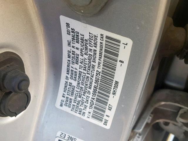 1HGFA16968L060752 - 2008 HONDA CIVIC EXL SILVER photo 10