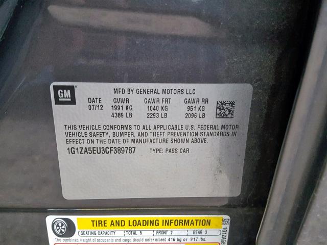 1G1ZA5EU3CF389787 - 2012 CHEVROLET MALIBU LS CHARCOAL photo 10