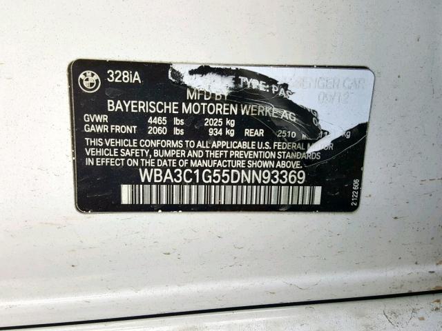 WBA3C1G55DNN93369 - 2013 BMW 328 I SULE WHITE photo 10