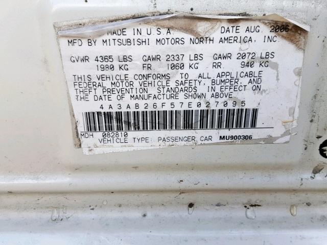 4A3AB26F57E027095 - 2007 MITSUBISHI GALANT DE WHITE photo 10