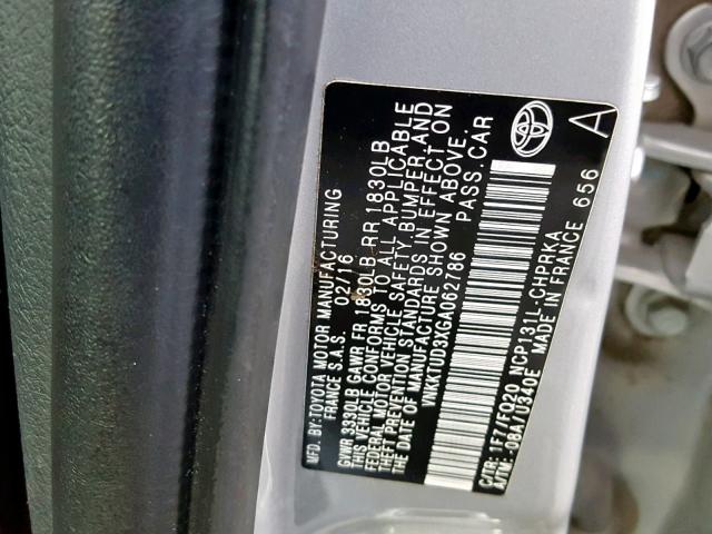 VNKKTUD3XGA062786 - 2016 TOYOTA YARIS L SILVER photo 10