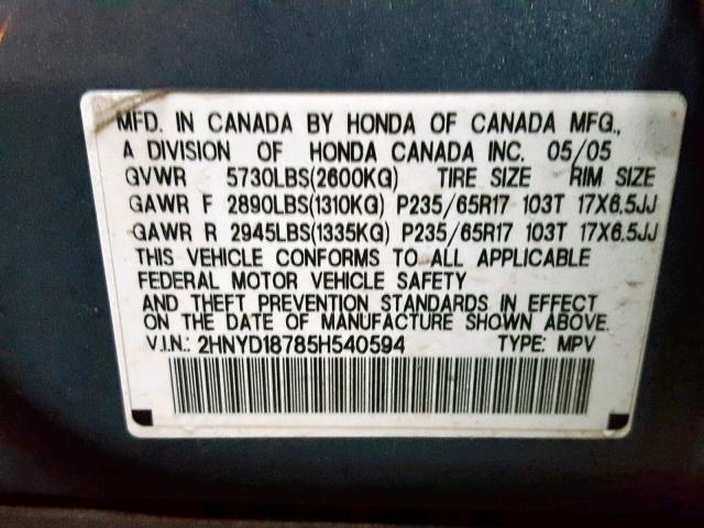 2HNYD18785H540594 - 2005 ACURA MDX TOURIN BLUE photo 10