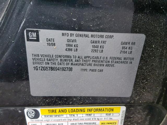 1G1ZG57B694192708 - 2009 CHEVROLET MALIBU LS 黑色 照片 10