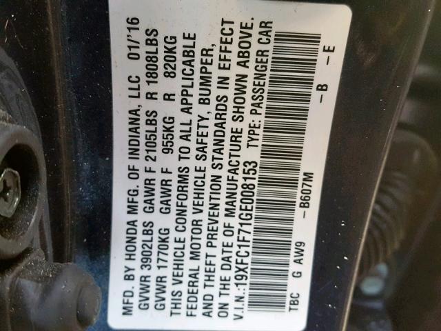 19XFC1F71GE008153 - 2016 HONDA CIVIC EXL BLUE photo 10