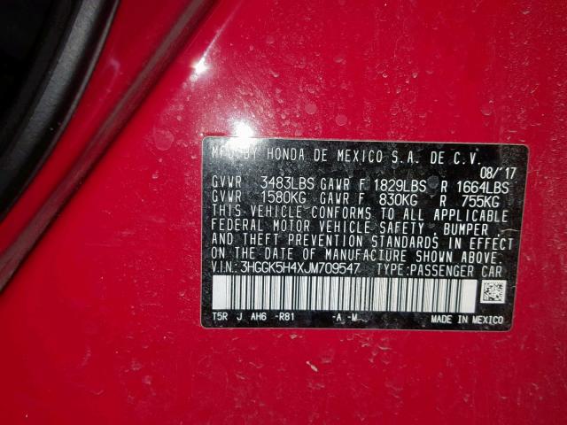 3HGGK5H4XJM709547 - 2018 HONDA FIT LX RED photo 10