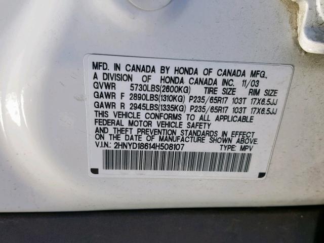 2HNYD18614H508107 - 2004 ACURA MDX TOURIN WHITE photo 10