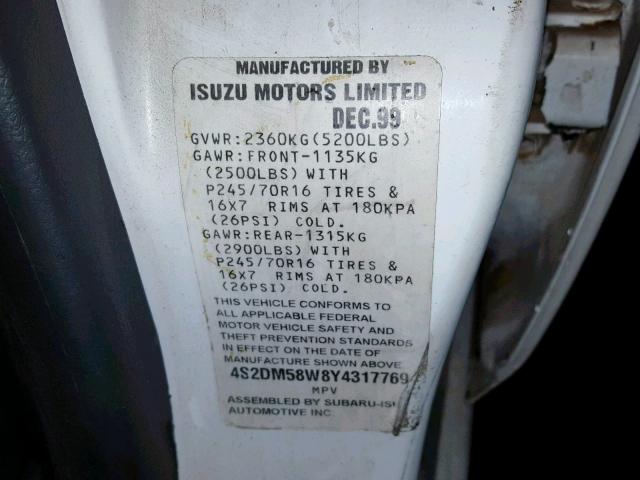 4S2DM58W8Y4317769 - 2000 ISUZU RODEO S WHITE photo 10