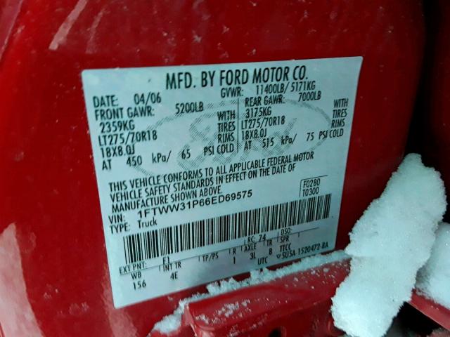 1FTWW31P66ED69575 - 2006 FORD F350 SRW S RED photo 10