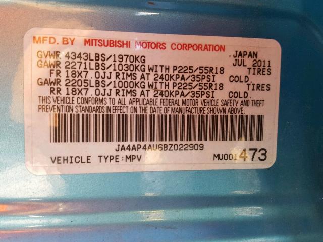 JA4AP4AU6BZ022909 - 2011 MITSUBISHI OUTLANDER BLUE photo 10