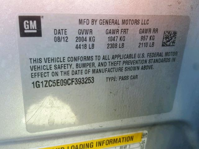 1G1ZC5E09CF393253 - 2012 CHEVROLET MALIBU 1LT 银色 照片 10