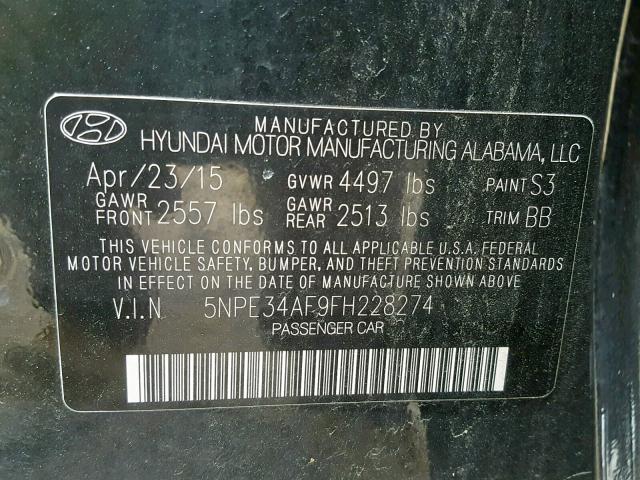 5NPE34AF9FH228274 - 2015 HYUNDAI SONATA SPO BLACK photo 10