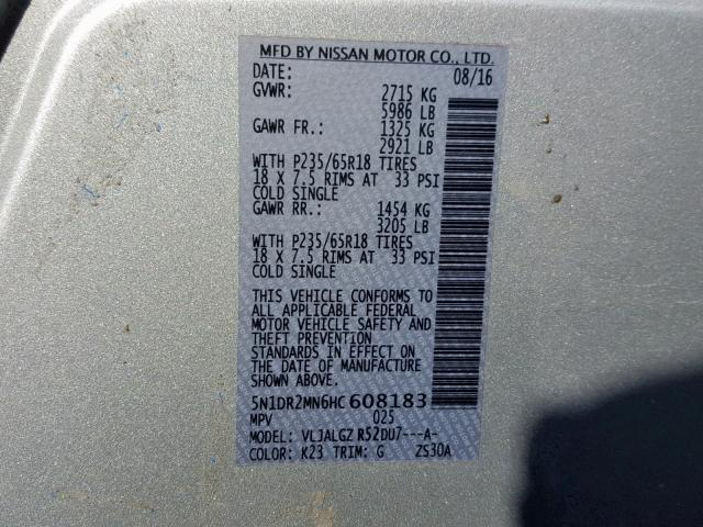 5N1DR2MN6HC608183 - 2017 NISSAN PATHFINDER 银色 照片 10